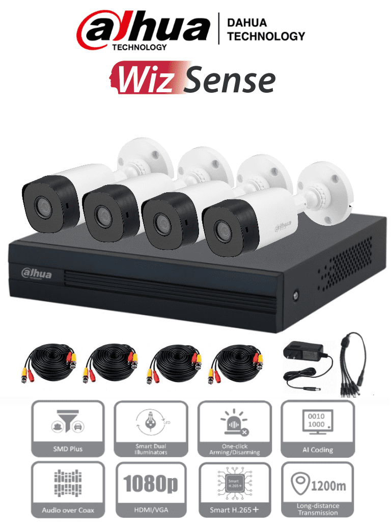 DAHUA KITXVR1B04-I+4B1A21 -Kit de 4 Canales de 2 Megapíxeles DVR Cooper-I WizSense con IA, compresión H.265+, 4 cámaras B1A21 1080p, 4 canales + 1 IP o hasta 5 IP, SMD Plus, búsqueda de humanos y vehículos, incluye accesorios #DAHQ1M